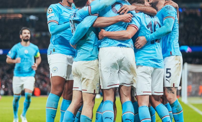 Manchester City players celebrate after destroying Bayern Munich