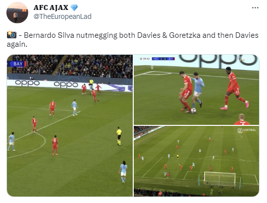 Bernardo Silva nutmegging both Davies Goretzka and then Davies again